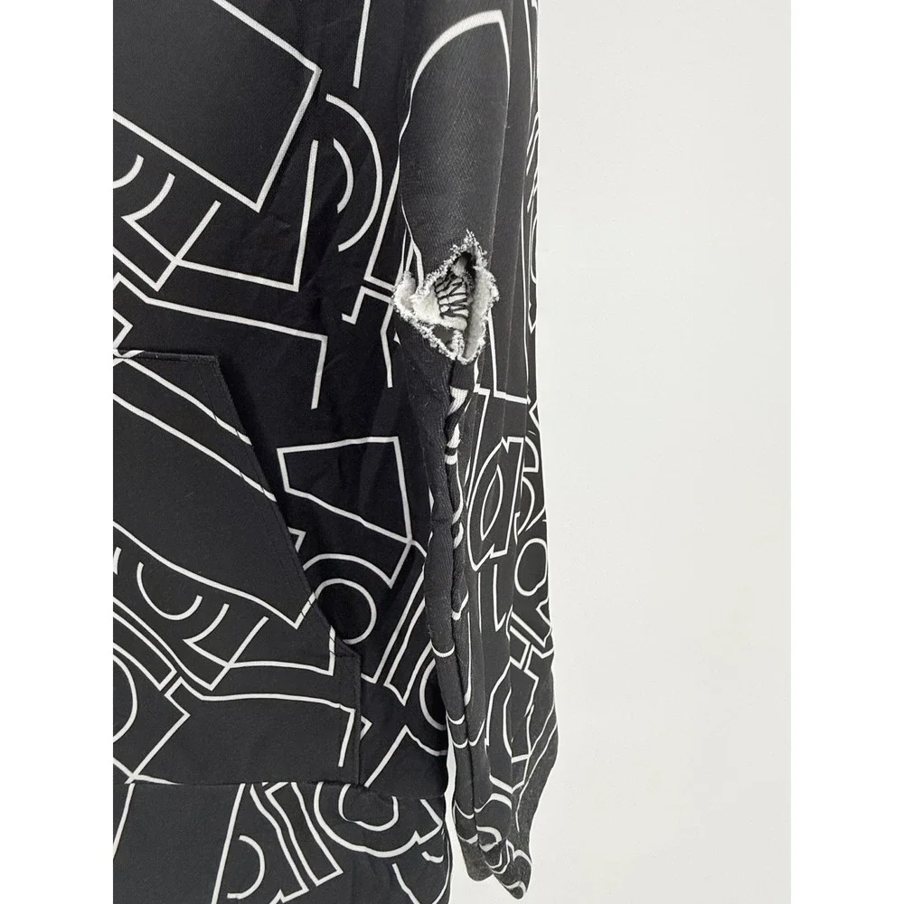 Adidas Hoodie Kids Large‎ Black White Pullover Sweatshirt Tear on Left Sleeve